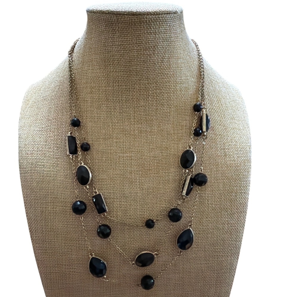 Charming Charlie Triple Strand Layered Necklace Black Gold‎ Tone Faceted Stones